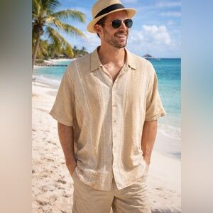 Stacy Adams Beige Dress Shirt 100% Linen 2XL
